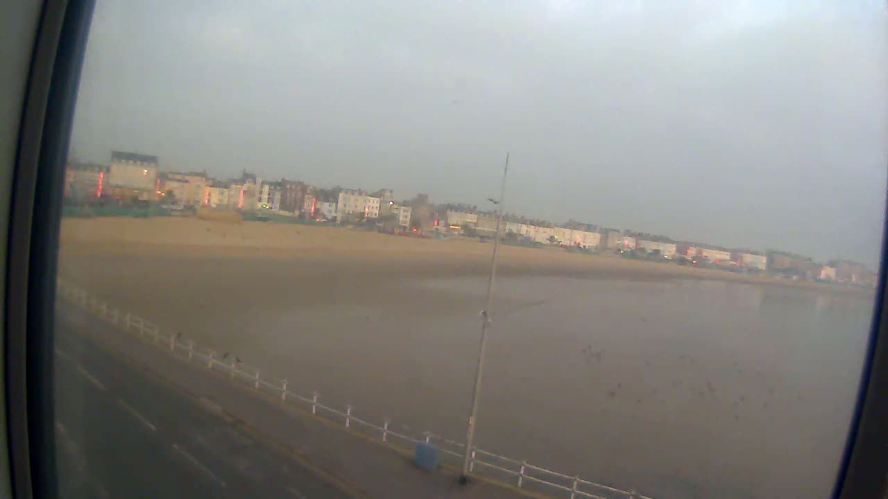 A wide, flat beach stretches out to a calm, murky body of water under an overcast sky, with a row of buildings visible in the distance.