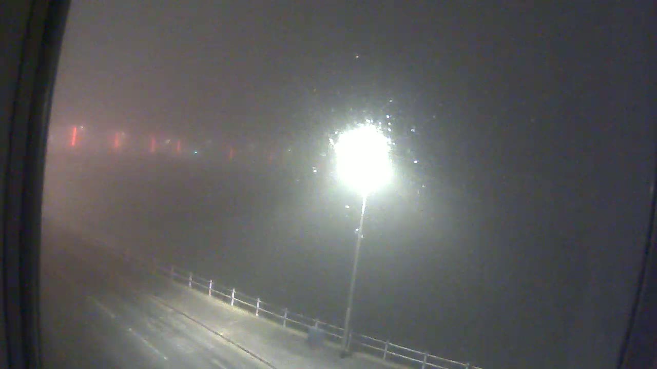 A nighttime view of a foggy road next to a railing, illuminated by a single bright lamppost.