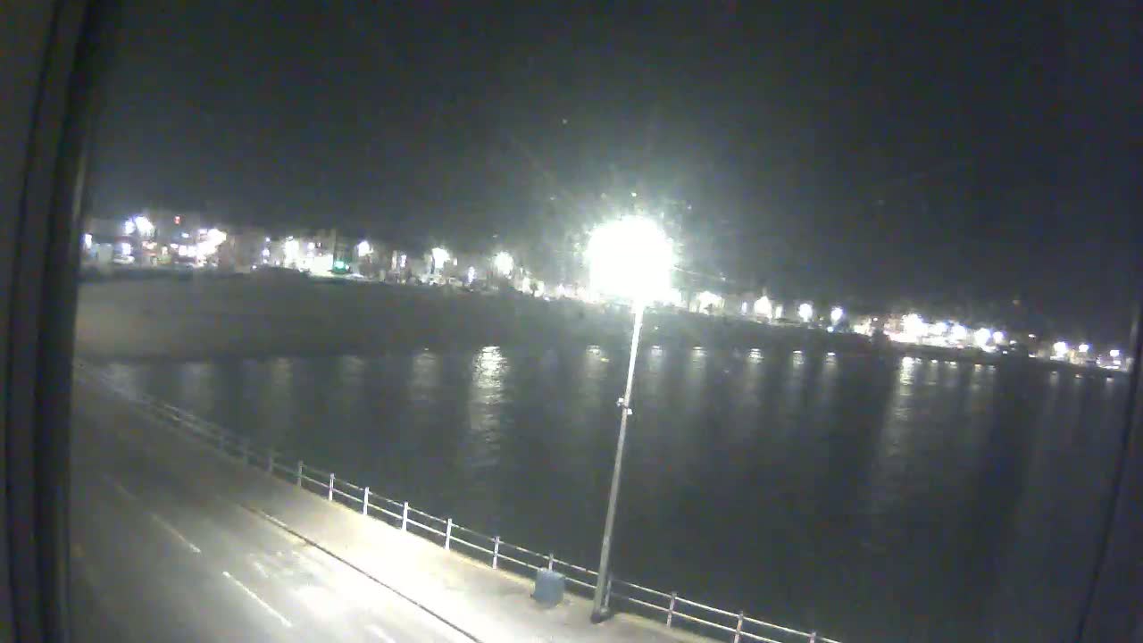 A nighttime view of a calm body of water reflecting city lights, with a road and railing visible in the foreground.