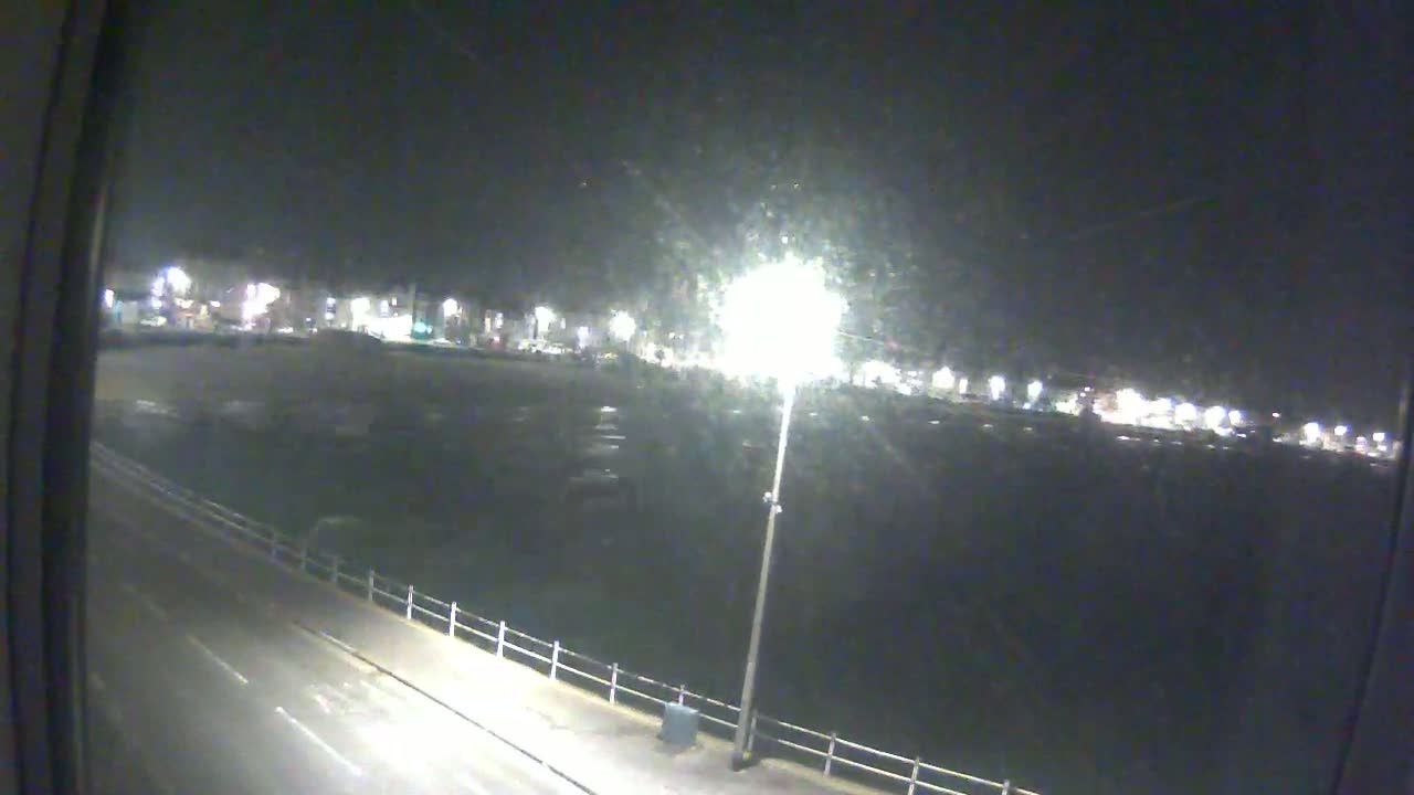 A nighttime view of a dark body of water, a roadway, and a line of buildings lit with streetlights in the distance.