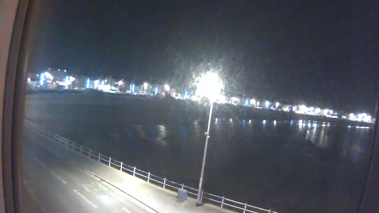 A nighttime view from a window shows a dark body of water reflecting city lights, with a road and railing visible in the foreground.