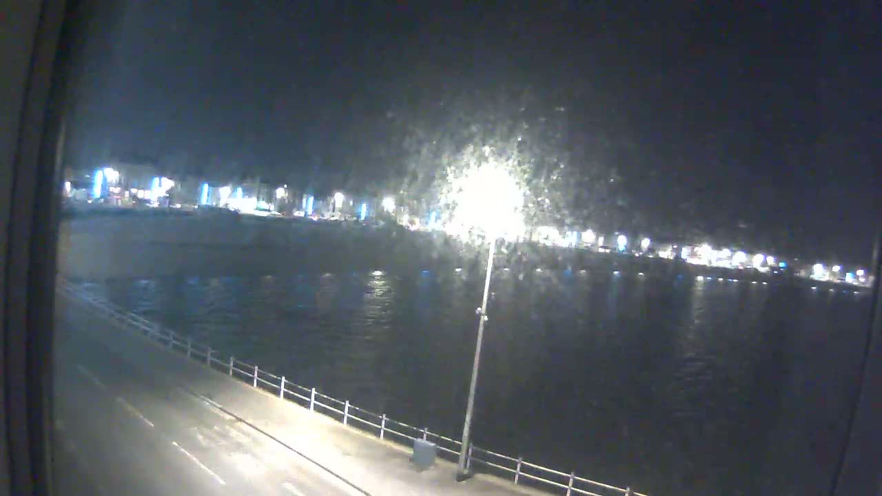 A nighttime view of a calm body of water, with a dimly lit waterfront and a street visible from a slightly elevated vantage point.