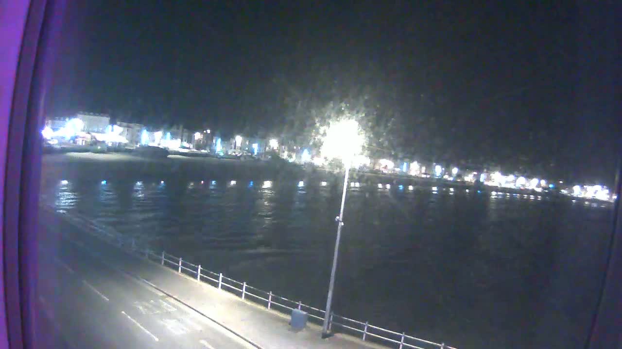 A nighttime view shows a dark body of water with faintly lit buildings across the way, a road, and a railing along the water's edge.