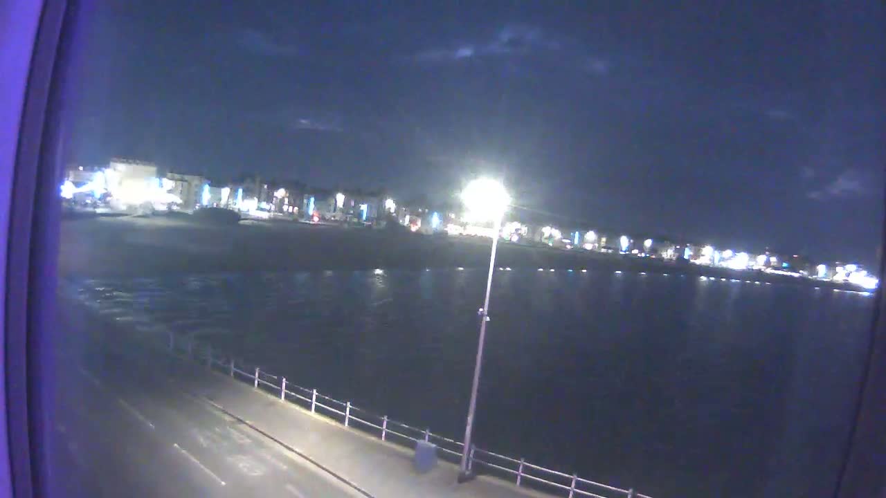 A nighttime view of a calm body of water next to a dimly lit beachfront town.