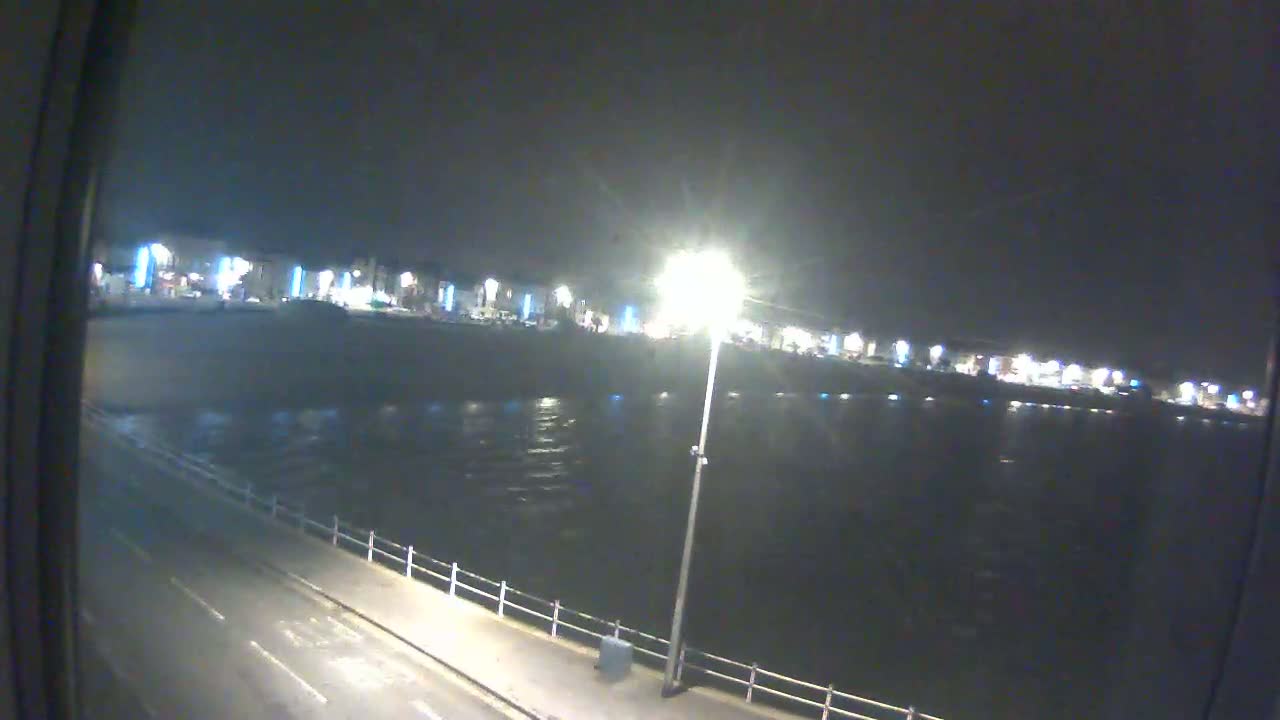 A nighttime view of a dark, slightly choppy body of water with a shoreline lined with lights and a paved road.