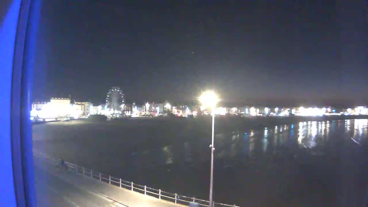 A nighttime view of a beach and boardwalk with a Ferris wheel and buildings illuminated in the distance, reflecting on calm water under a dark sky.