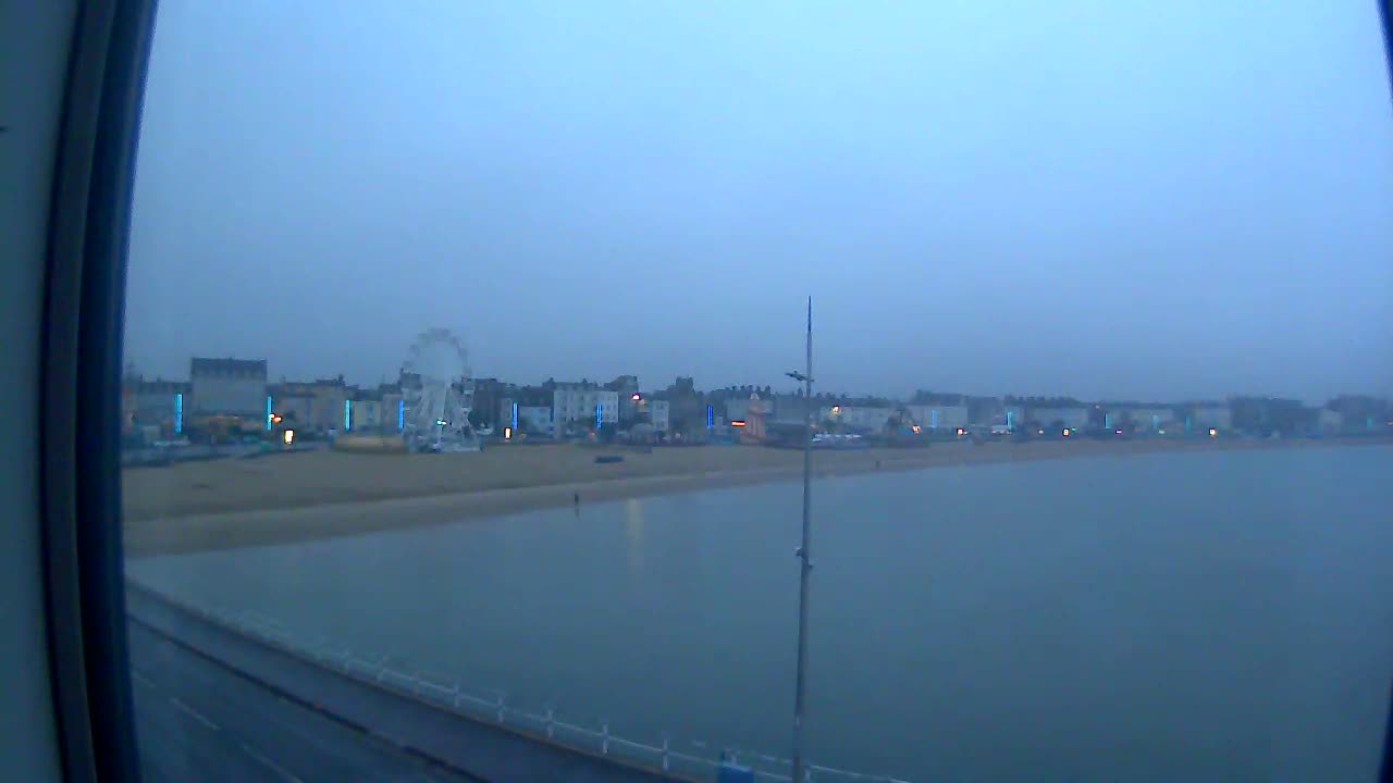 A Ferris wheel and beachfront buildings are visible across a calm body of water under an overcast sky.