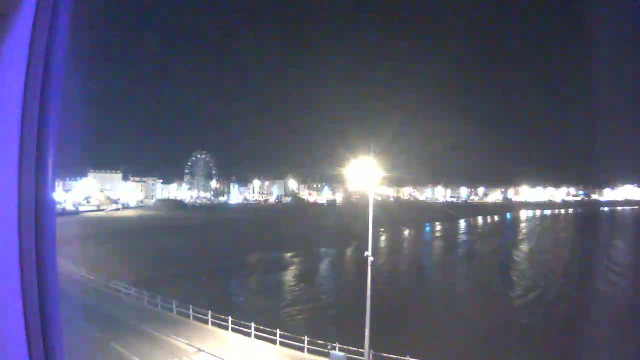 A nighttime view shows a brightly lit waterfront with a Ferris wheel and calm water reflecting the lights.