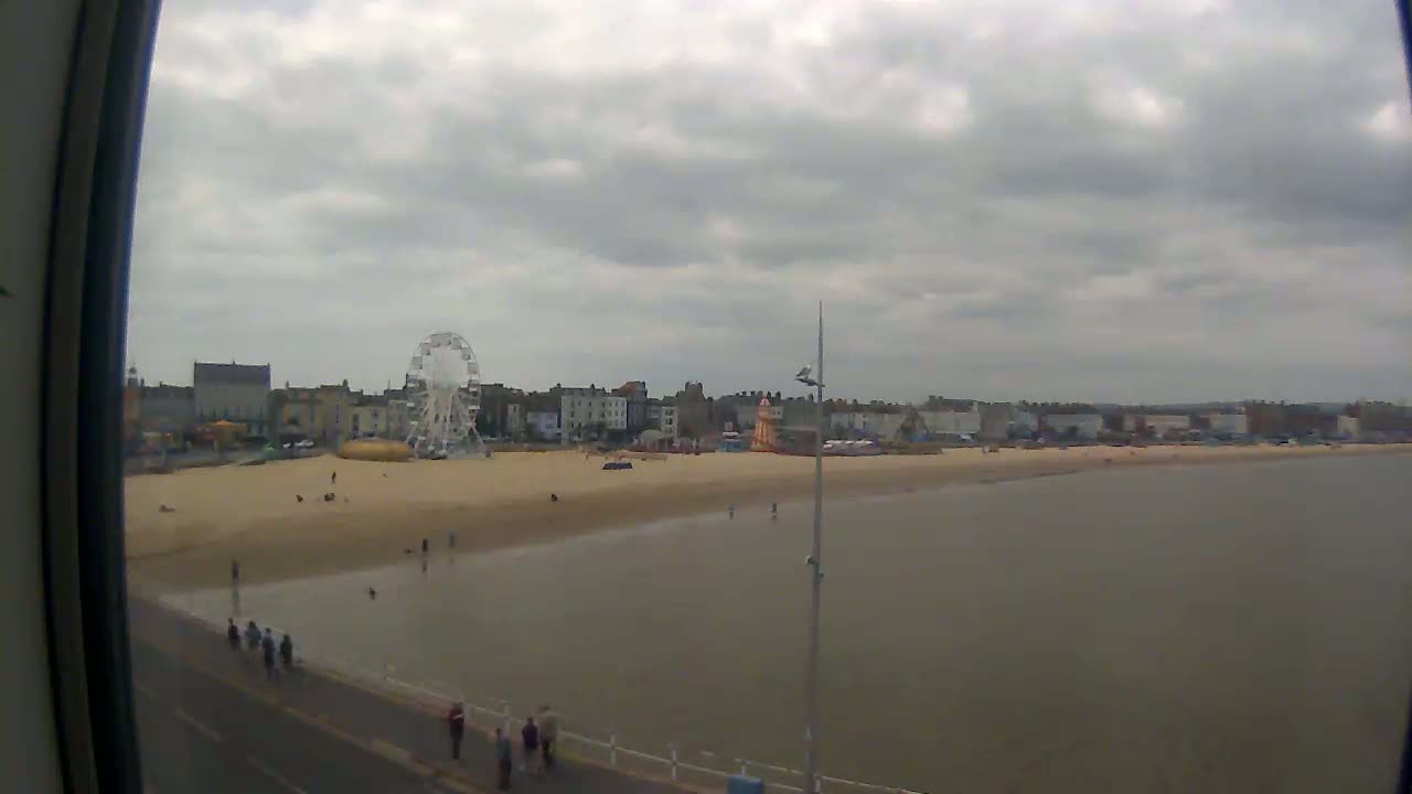 A sandy beach with a Ferris wheel and several buildings in the background is visible under an overcast sky.
