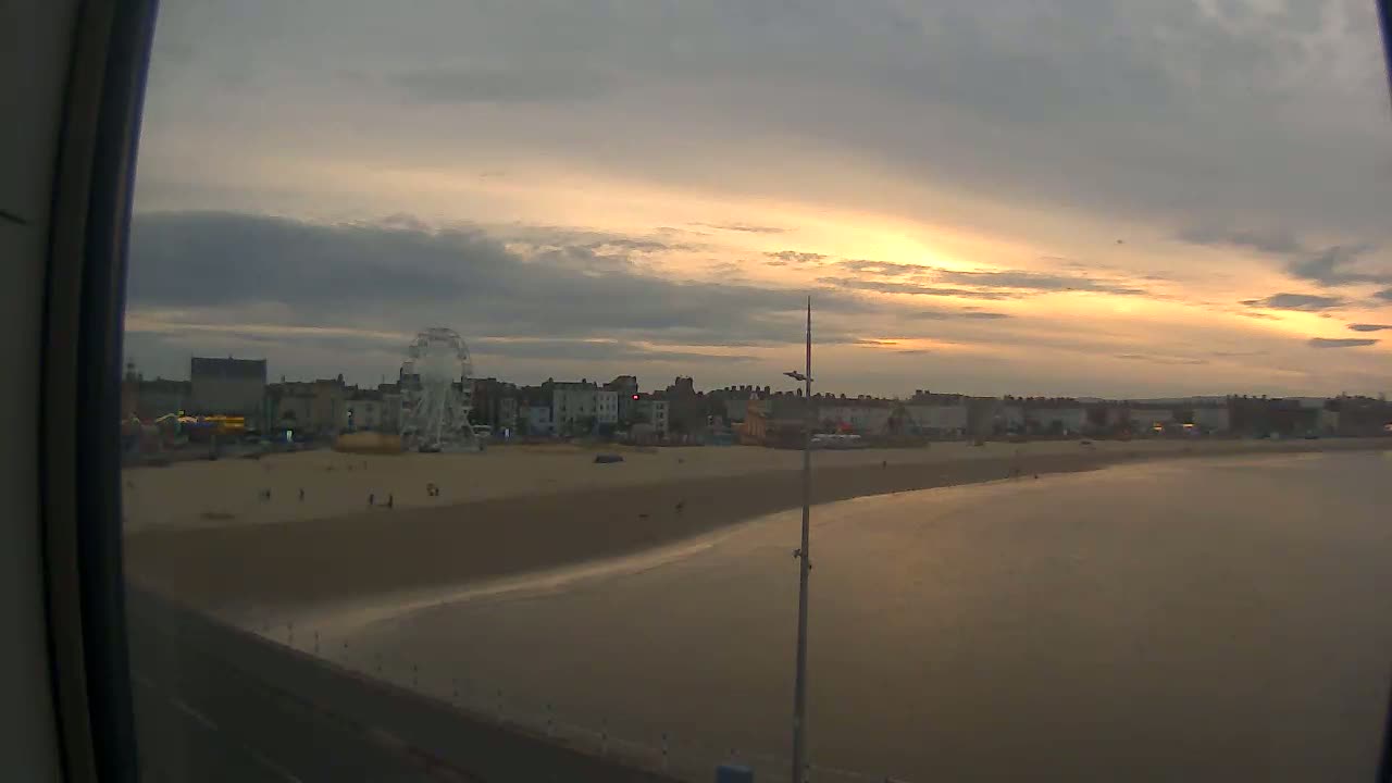 A beach scene at sunset shows a Ferris wheel and buildings along the shoreline with a calm sea.