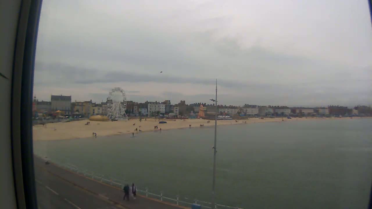 A beach with a Ferris wheel and buildings in the background is seen on an overcast day.