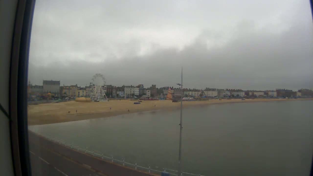 A beach with a Ferris wheel and buildings behind it is seen on an overcast day.