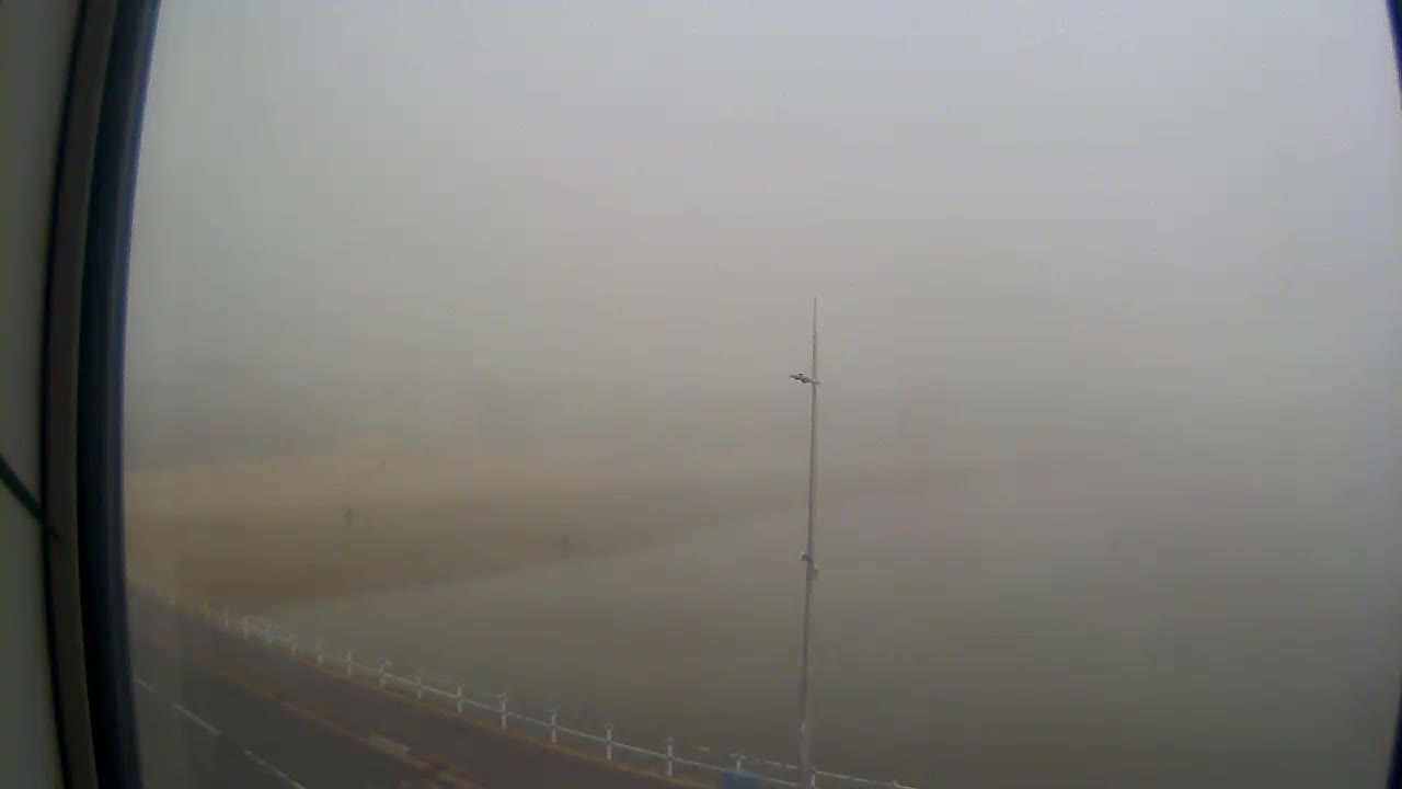 A foggy view shows a bridge over water, with a tall pole in the center.
