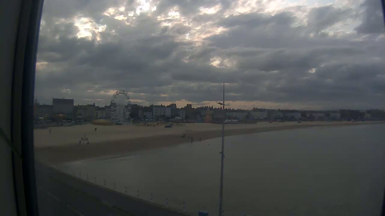 A beach with a Ferris wheel and buildings in the background is visible under a cloudy sky.