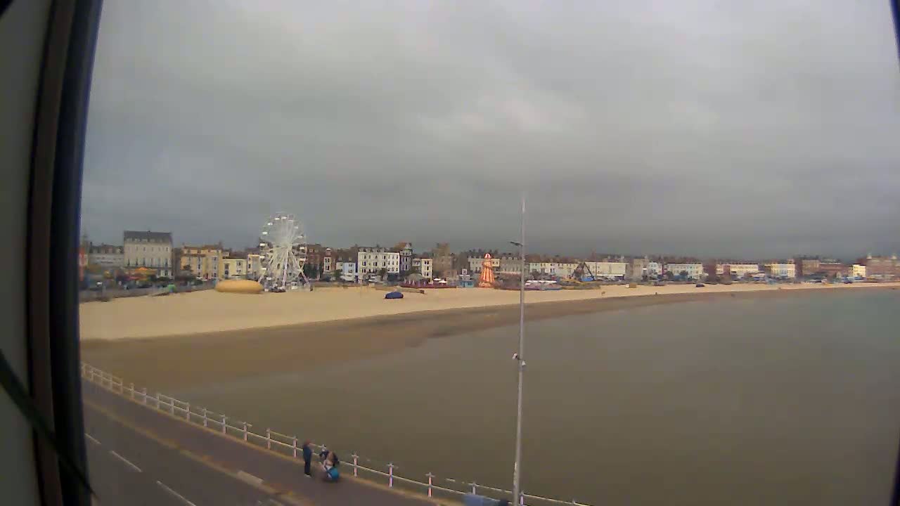A Ferris wheel and beachfront buildings are visible on a sandy beach next to calm, murky water under an overcast sky.