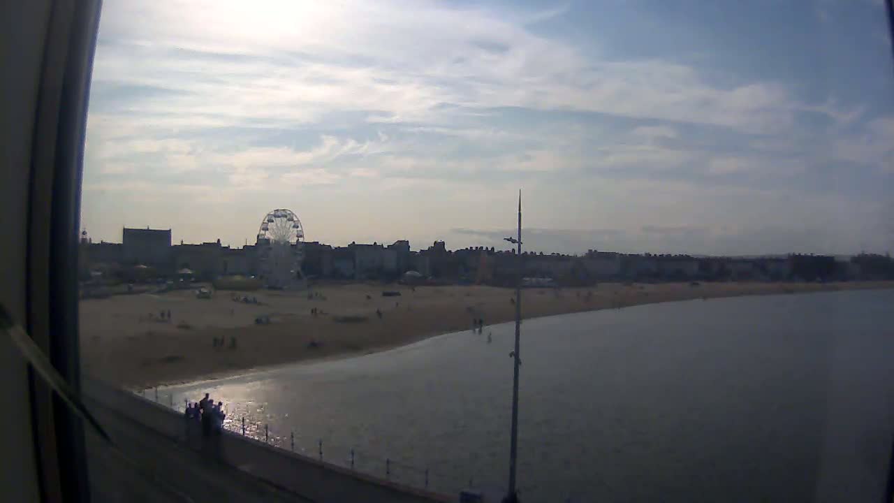 A mostly sunny day shows a beach with a Ferris wheel and buildings in the background, seen from a slightly elevated perspective.