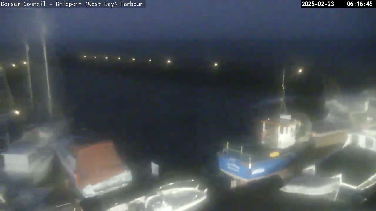 Several boats are moored in a harbor at night under a dark sky.