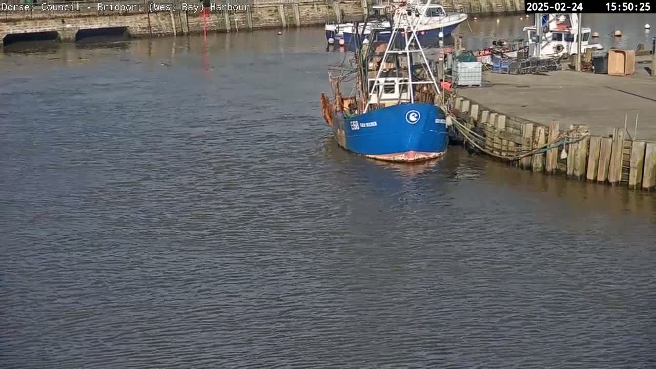 A blue fishing boat is docked at a harbor on a calm, sunny day.