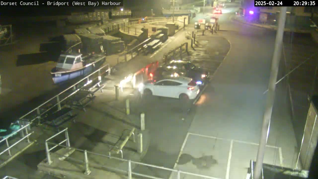 A nighttime harbor scene shows a small boat docked, two cars parked near a fenced-in area with picnic tables, and a road visible in the background.