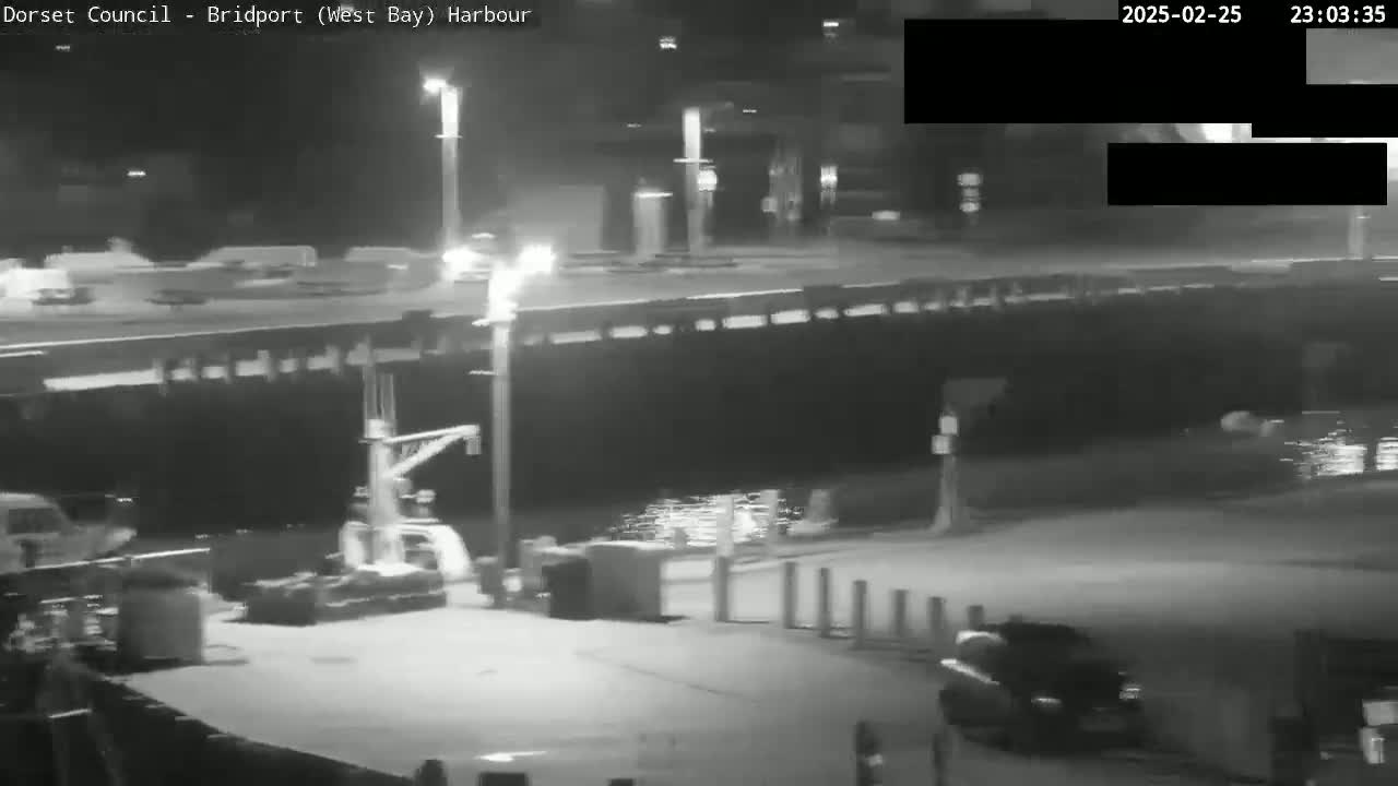 A nighttime harbor scene shows a mostly empty roadway above a dark body of water, with a few vehicles visible, and a crane-like structure near the water's edge.