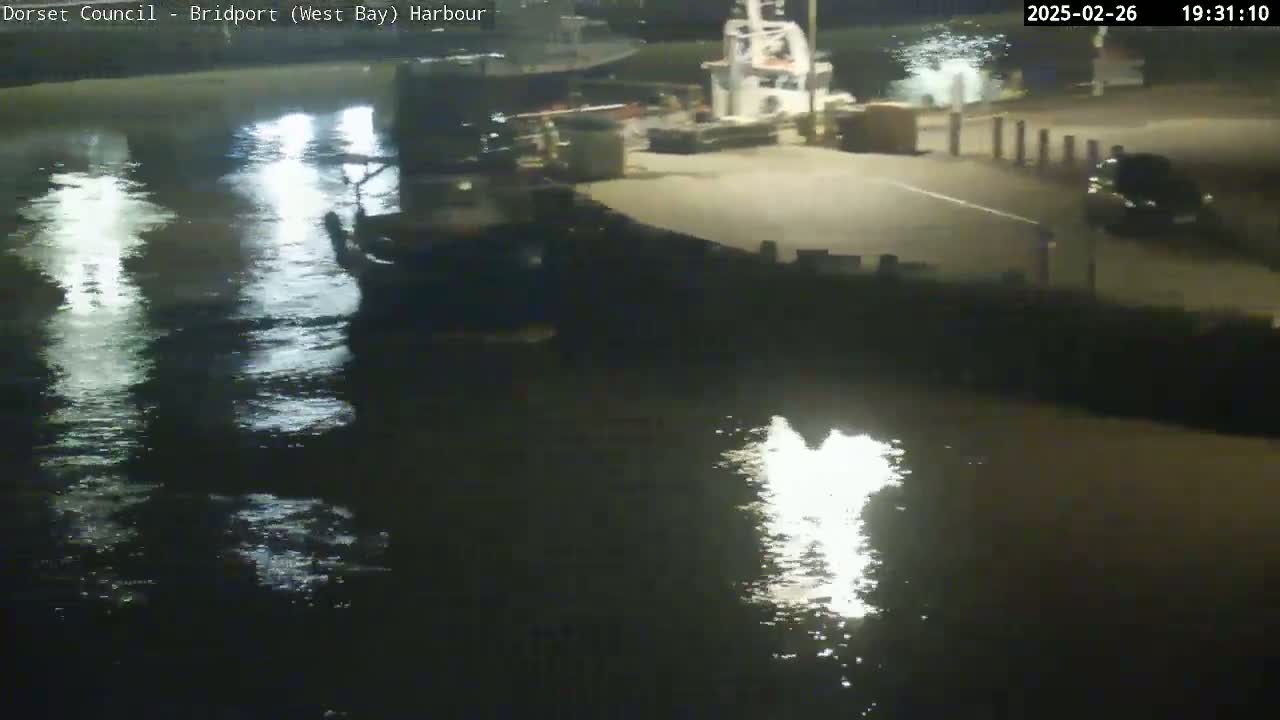 A nighttime harbor scene shows calm water reflecting light, with a boat docked and a vehicle parked nearby.