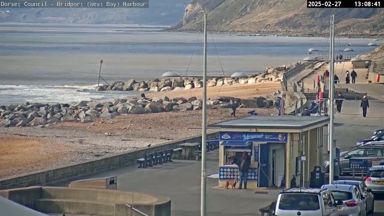 A sandy beach with large rocks at the water's edge, a small building, and several people walking along a paved walkway on a sunny day.