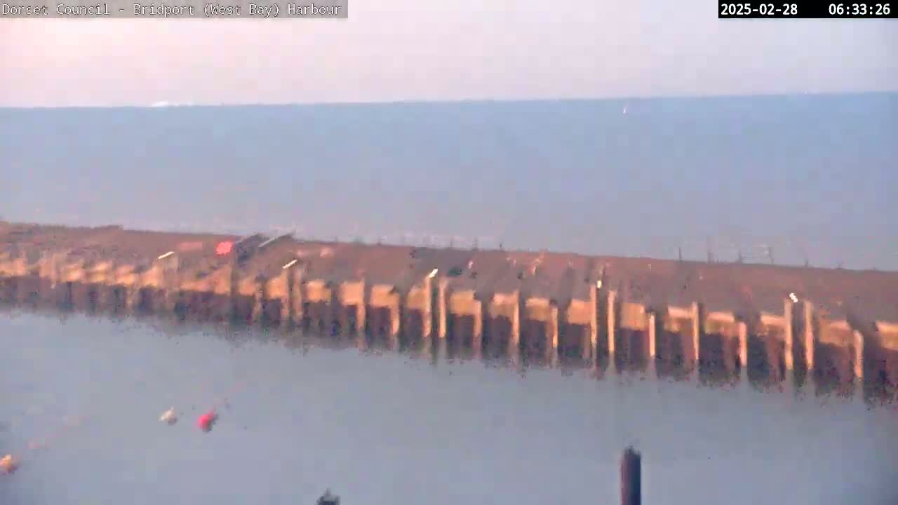 A long pier extends into a calm, hazy ocean under a pale sky.