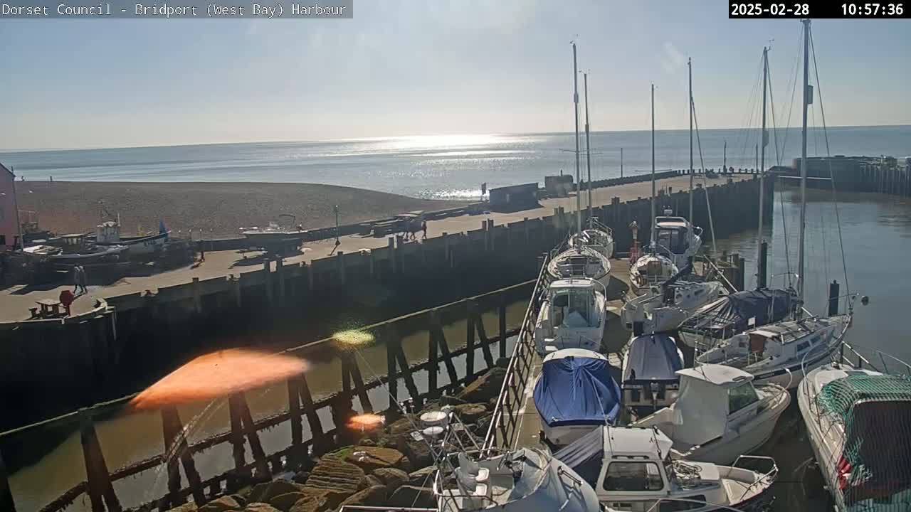 A harbor filled with docked boats on a sunny day, overlooking a sandy beach and calm sea.
