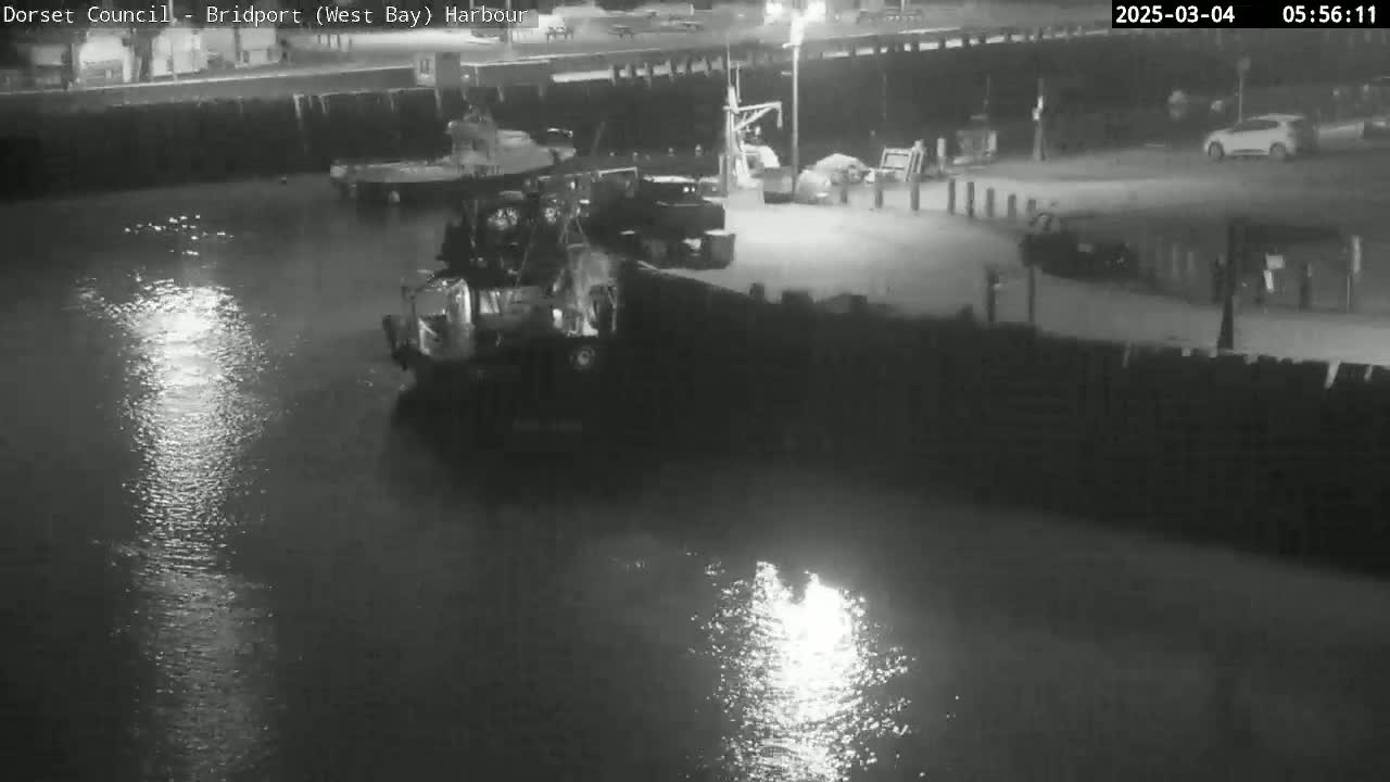 A nighttime harbor scene shows a tugboat moored in calm water next to a dock with several vehicles parked nearby.