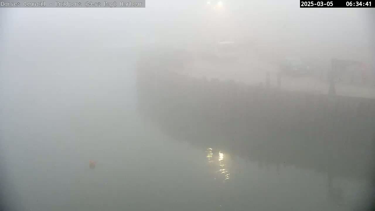 A harbor is shrouded in thick fog, with only indistinct shapes of structures and water visible.