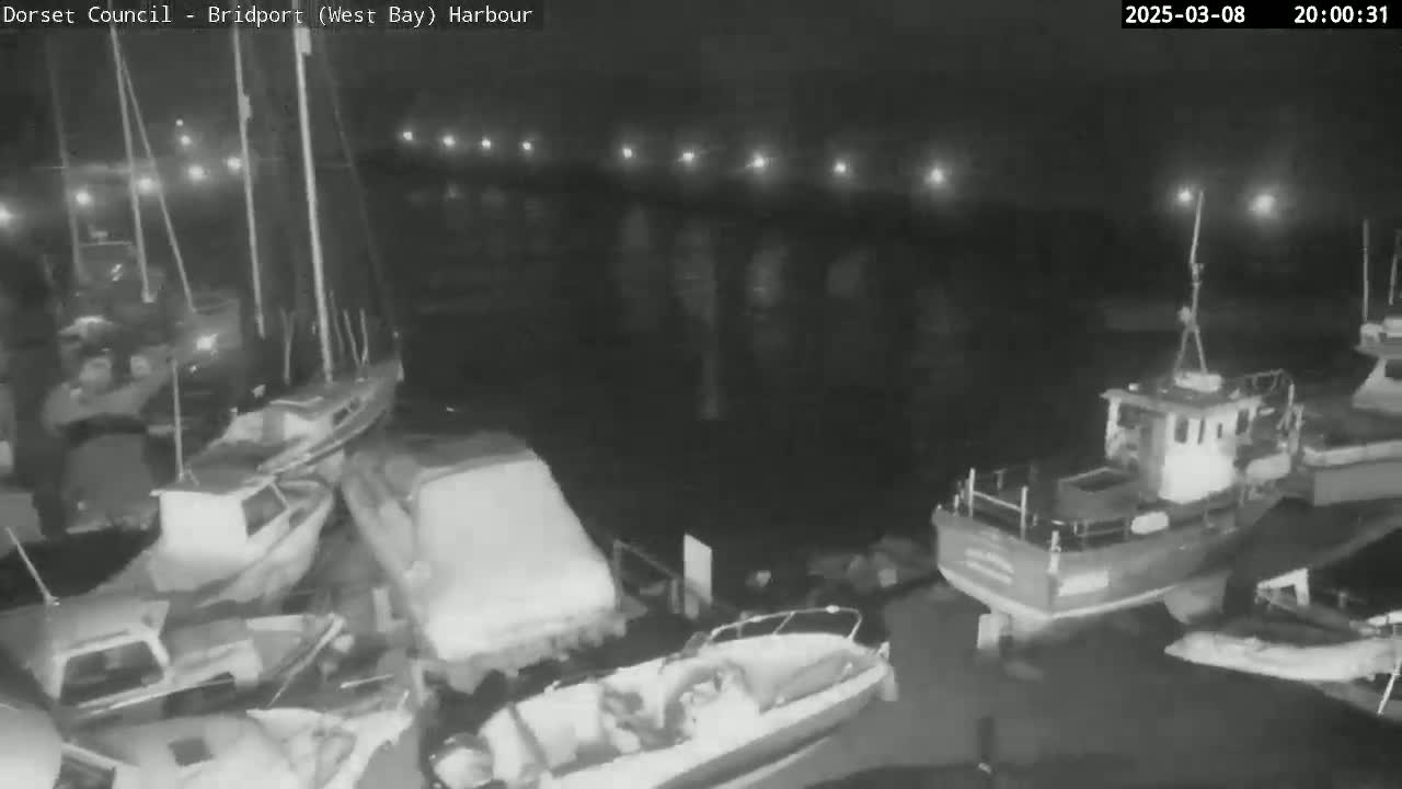 Several boats are docked at a harbor at night under dark, cloudy conditions.