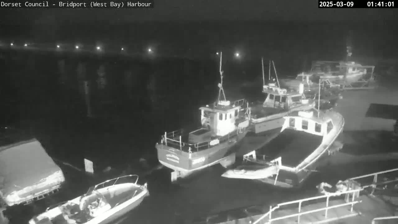 Several boats are moored in a harbor at night under dark conditions.