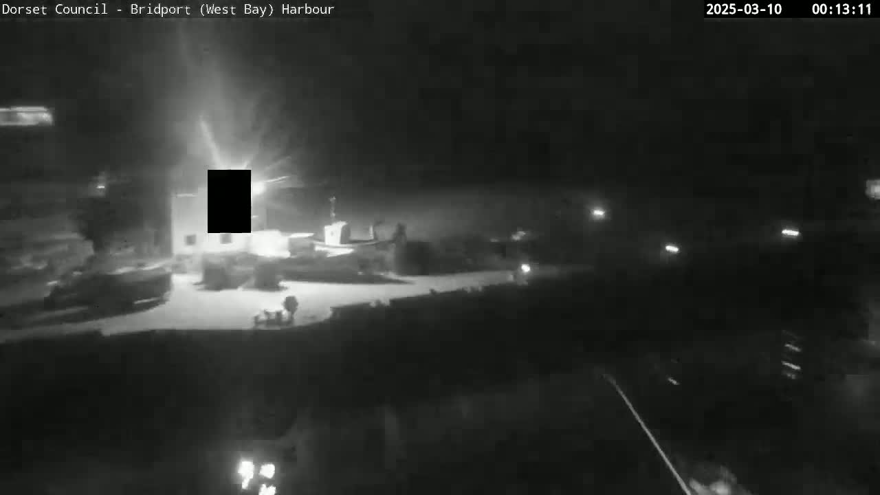 A nighttime, low-light black-and-white view of a harbor area shows several indistinct objects and a dark rectangular area that appears to be a building.