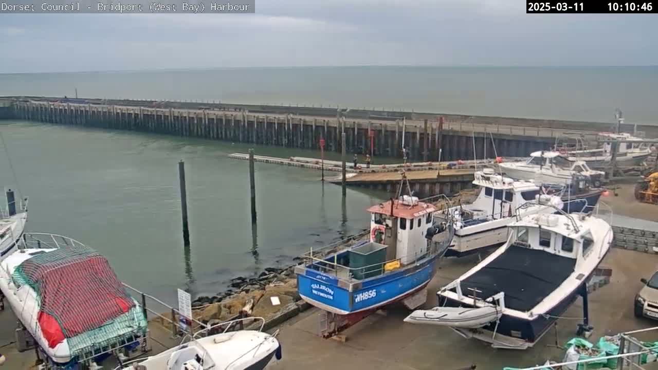 Several boats are docked at a harbor under an overcast sky.