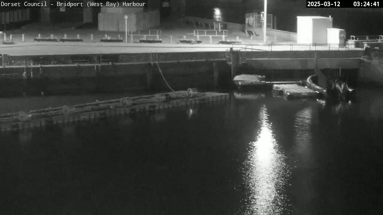 A nighttime view of a harbor with calm water reflecting light, showing a dock and moored boats.