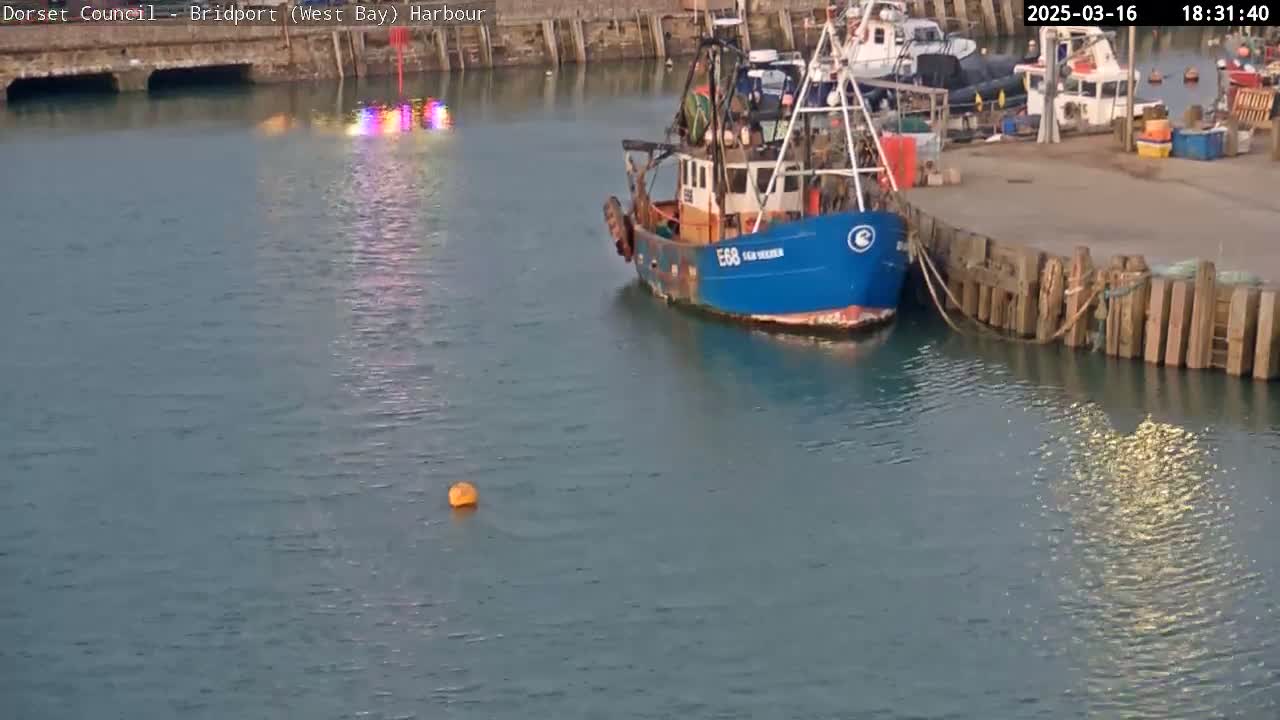A blue fishing boat is moored at a harbor, with calm water surrounding it and a few other boats visible in the background.