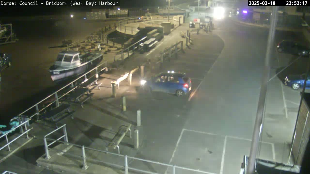 A nighttime harbor scene shows a small boat moored near several picnic tables, a blue car parked in a lot, and other vehicles in the distance under dark, clear skies.