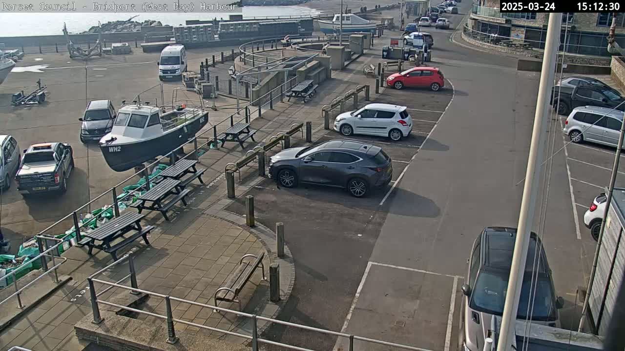 A harbor scene on a sunny day shows several cars parked, a small boat on a stand, and picnic tables near a seawall.
