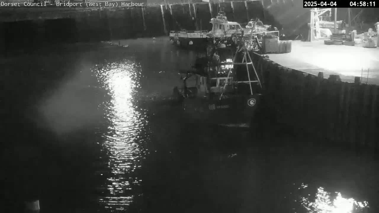 A nighttime, black and white view of a harbor shows two boats moored at a dark dock, with reflections shimmering on the water's surface.