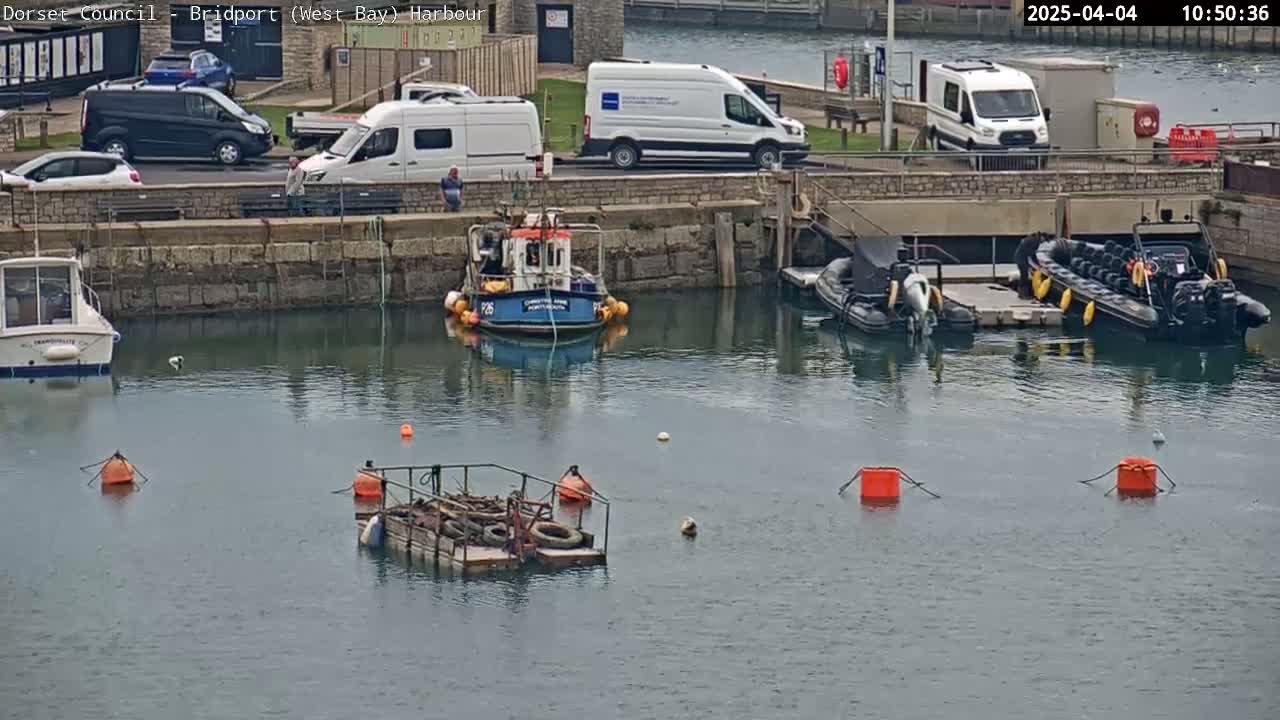 A harbor scene shows several boats, including a small fishing vessel and larger rigid-hulled inflatable boats, moored in calm water alongside a stone wall and parked vans.
