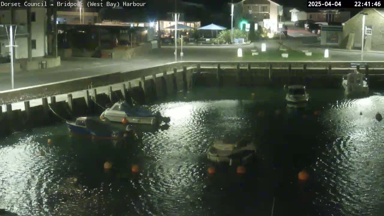 Several small boats are moored in a dark harbor at night.