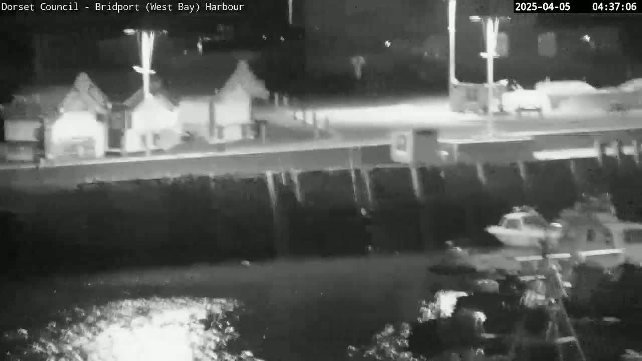 A nighttime, grayscale image shows a harbor with several small buildings along a wall overlooking a dark body of water; a small boat is visible near the bottom right.
