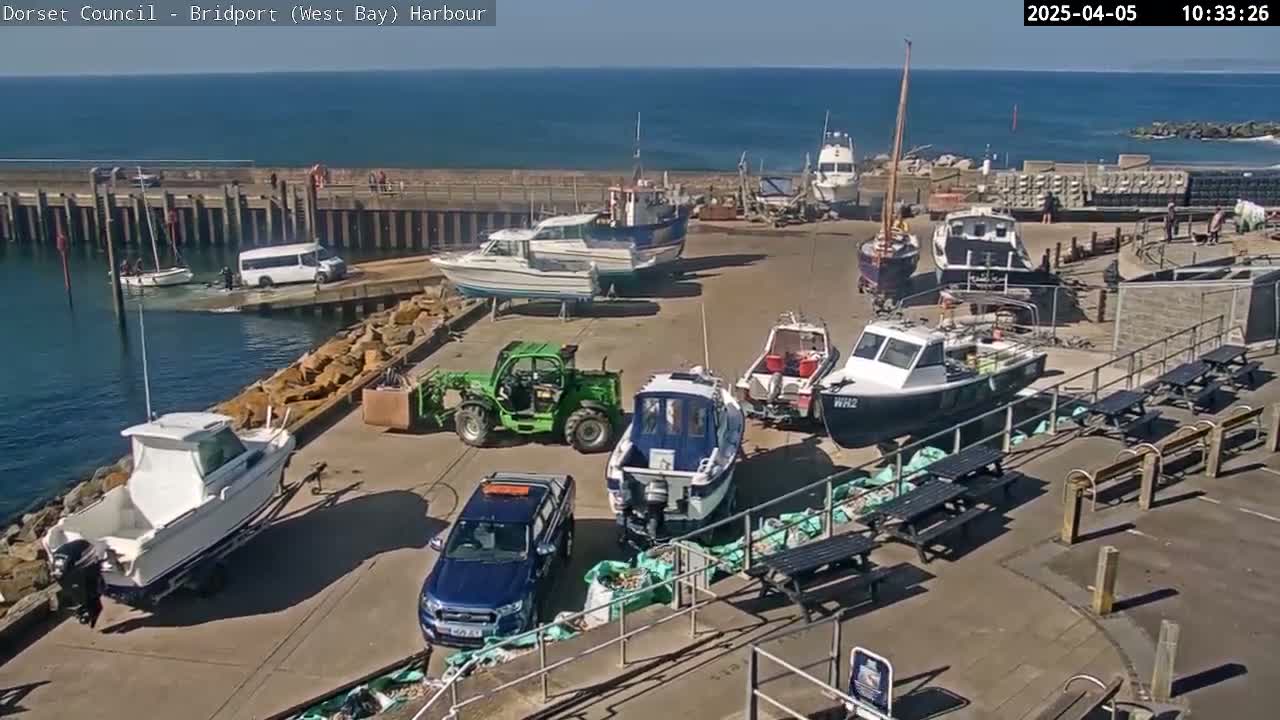 A harbor filled with several boats, a van, a pickup truck, and a forklift, under sunny skies and calm ocean waters.