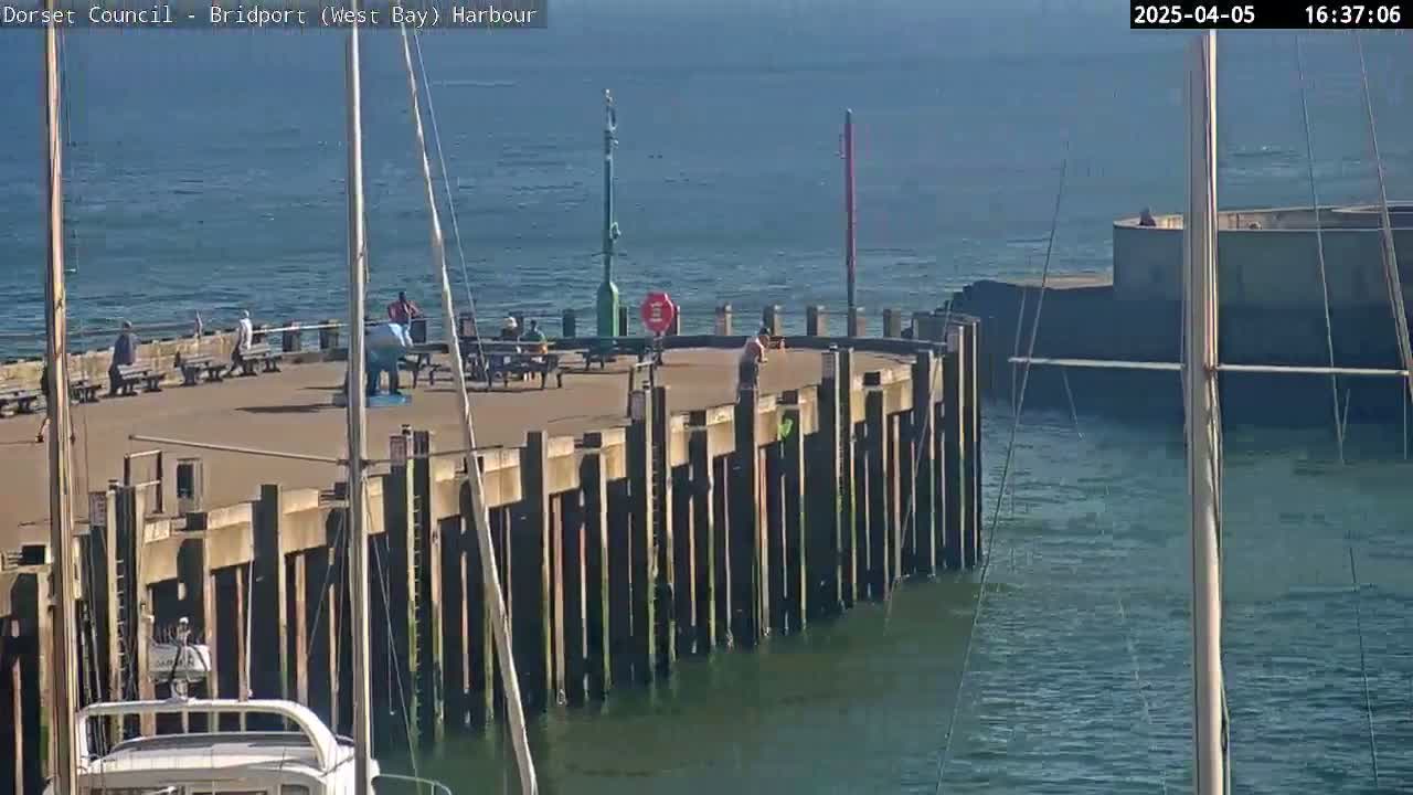 A harbor pier with several people walking and sitting, overlooking calm water under a clear sky.