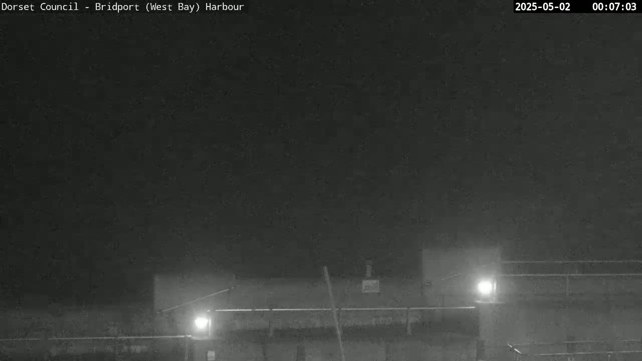 A nighttime, low-visibility view of a harbor area with faintly visible structures and lights.