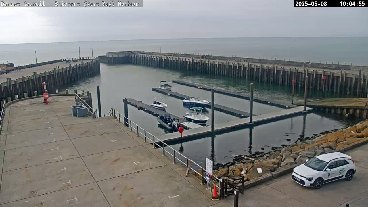 An overcast day shows a harbor with several boats docked at a marina, a white SUV parked nearby, and a calm body of water extending to a distant horizon.
