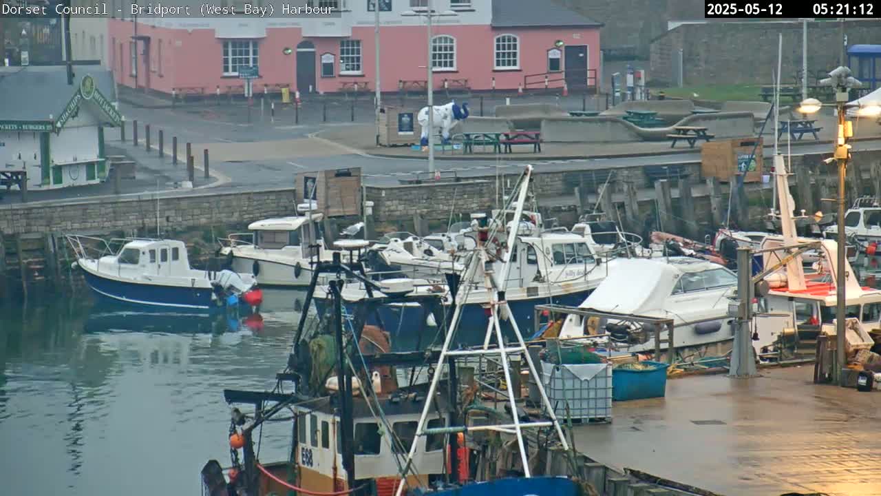 Several boats are docked in a harbor on an overcast day.