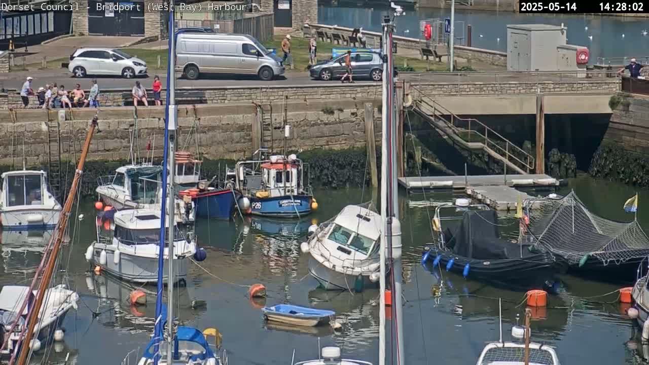 A harbor filled with moored boats on a sunny day, with people walking along the waterfront.