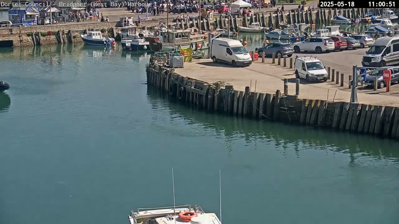A harbor scene on a sunny day shows a number of boats docked, cars parked in a lot, and a calm body of water.