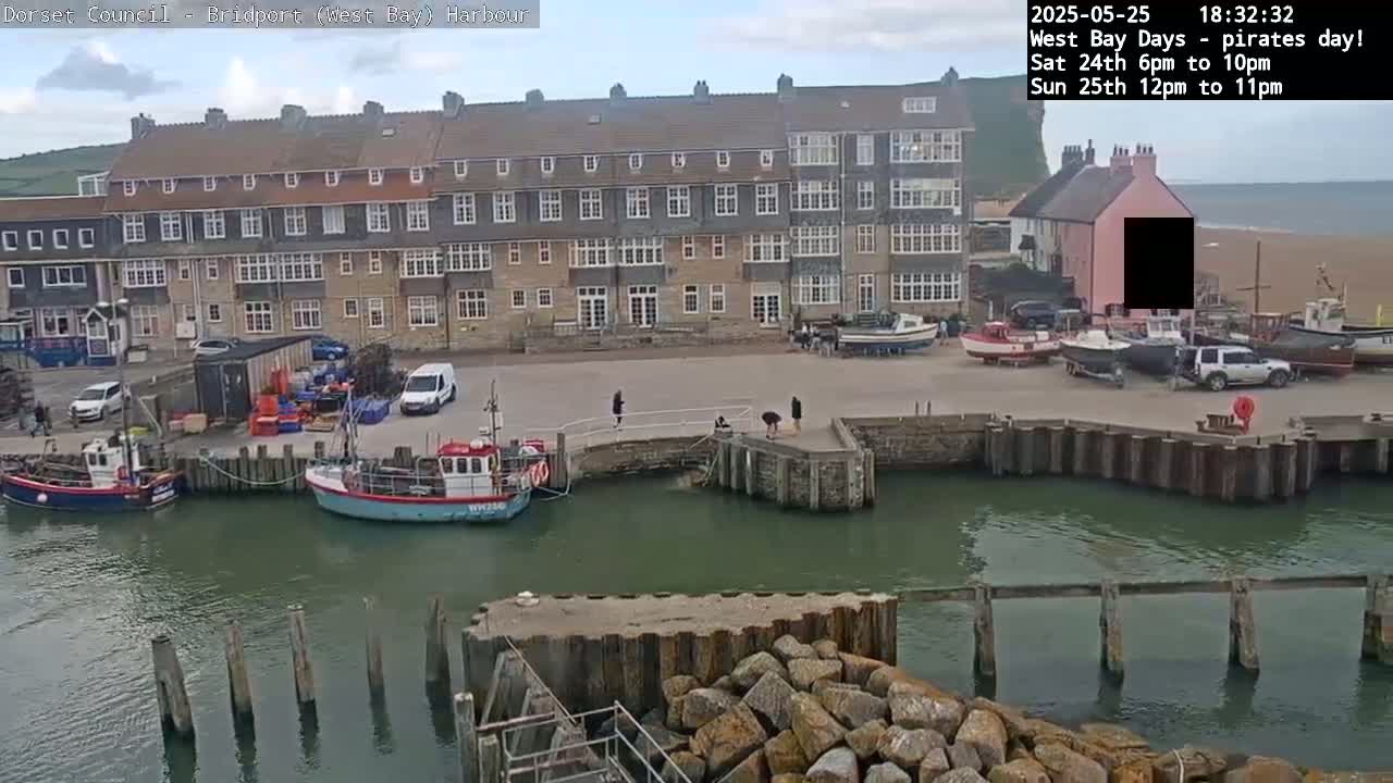 A harbor scene on a partly sunny day shows a multi-story building overlooking a harbor filled with several small fishing boats, cars, and a few pedestrians.